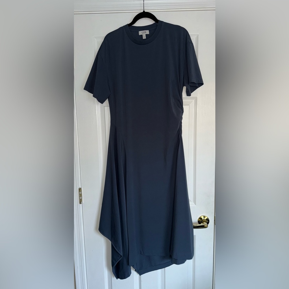 COS Steel Blue Asymmetric Flow Ruched Stretch Cotton Jersey T-Shirt Midi Dress L - Picture 5 of 13